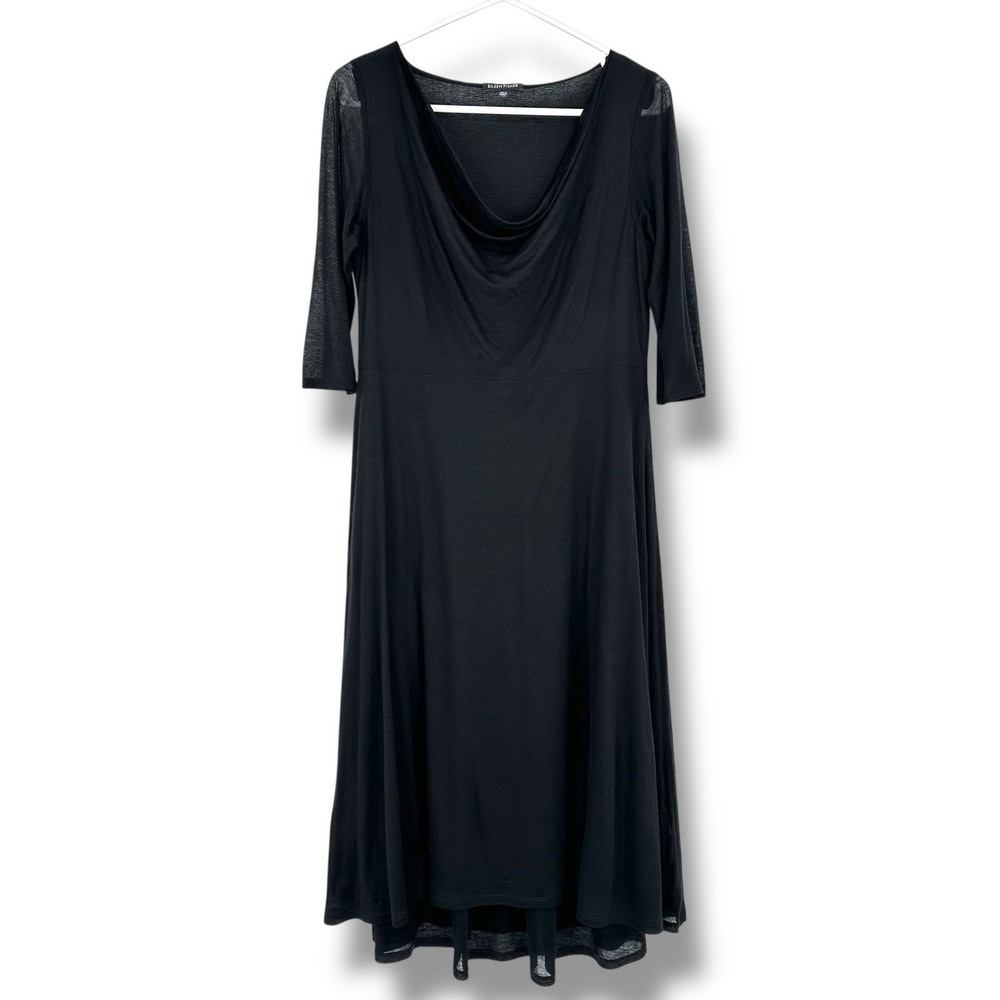 Eileen Fisher Black Drape Neck Midi Dress XS Silk Lyocell Blend Minimalist Soft